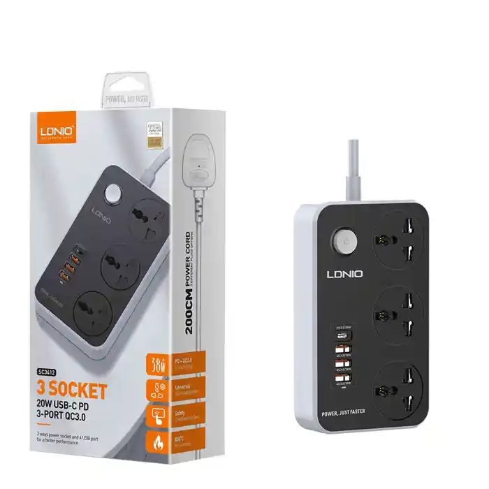 Ldnio SC3412 38W PD20W Power Strip 3 Socket Outlets anStrip 3 Socket Outlets and 3 QC 3.0 USBd 3 QC 3.0 USB